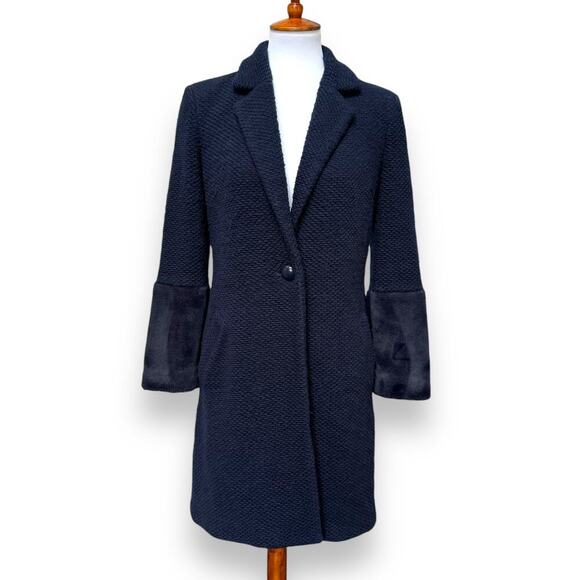 Hutch Tweed Faux-Fur Texture-Rich Wool-Blend Elaina Long Coat Navy Women's Small - Picture 2 of 10